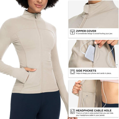 Womens Running Jackets with Zipper Pockets | Full Zip Up, Slim Fit, Thumb Holes, Long Sleeve, for Women Workout,Yoga, Athletic