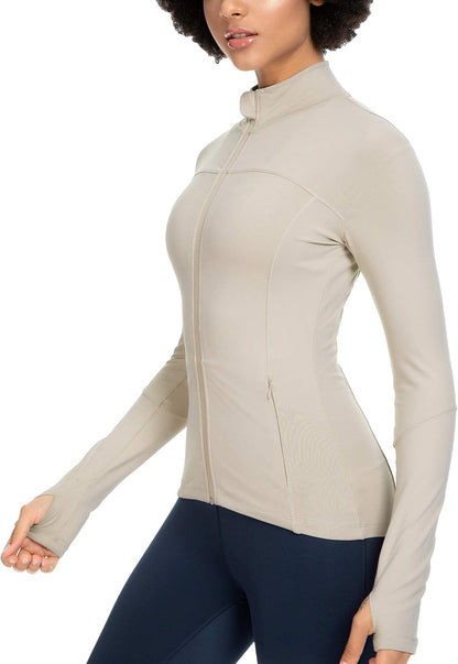 Womens Running Jackets with Zipper Pockets | Full Zip Up, Slim Fit, Thumb Holes, Long Sleeve, for Women Workout,Yoga, Athletic