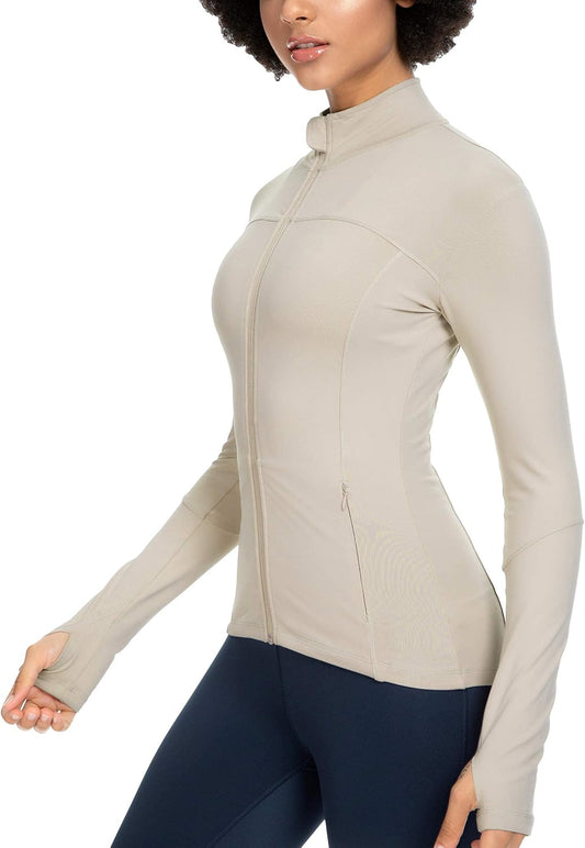 Womens Running Jackets with Zipper Pockets | Full Zip Up, Slim Fit, Thumb Holes, Long Sleeve, for Women Workout,Yoga, Athletic